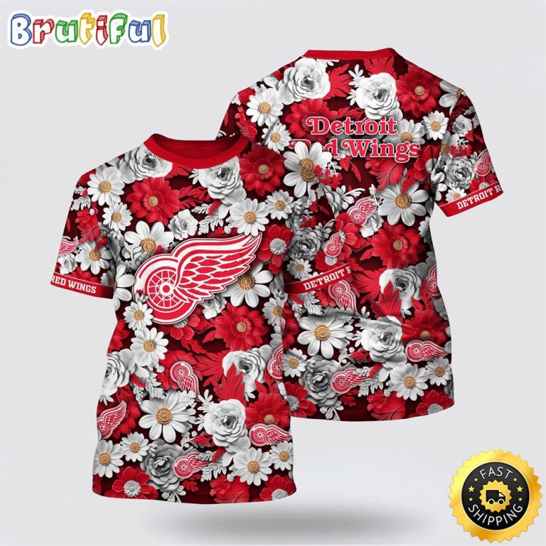NHL Detroit Red Wings All Over Print T Shirt Tropical Begonia Flower Pattern Summer T Shirt