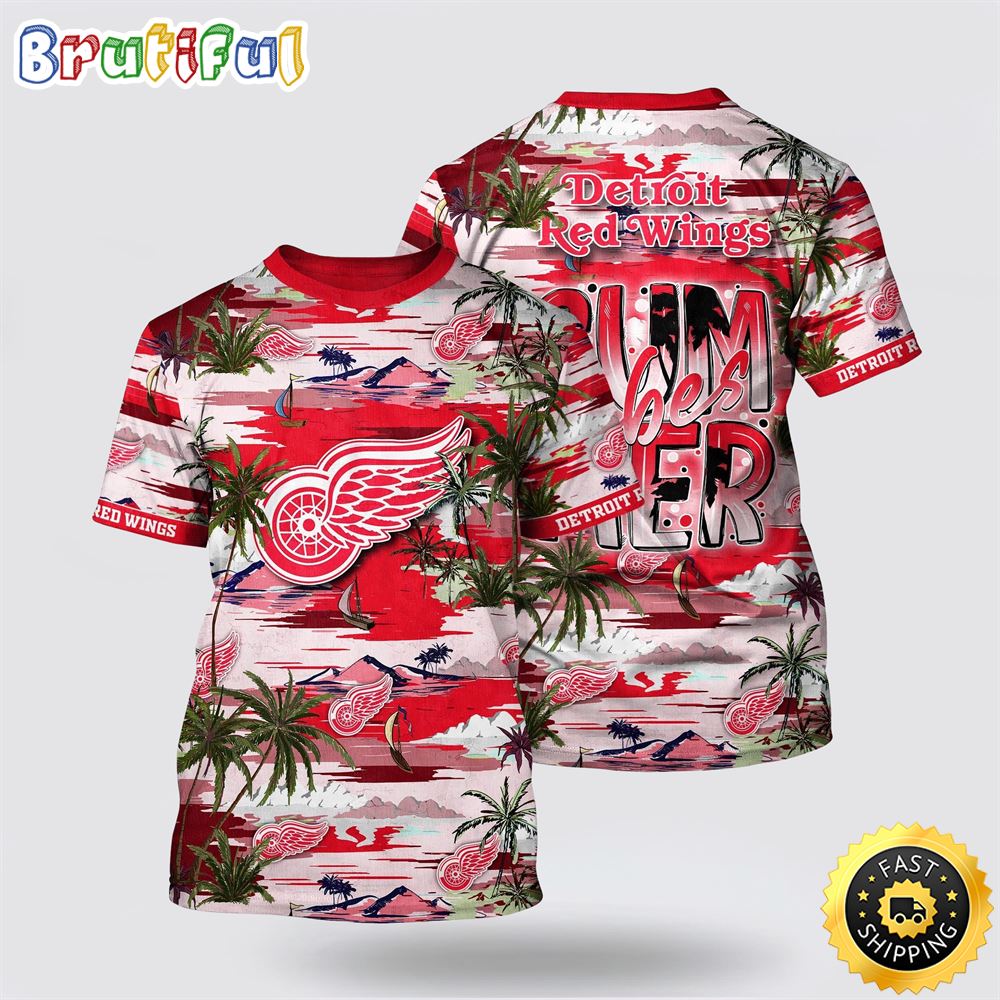 NHL Detroit Red Wings All Over Print T Shirt Tropical Desert Island Motif Summer T Shirt