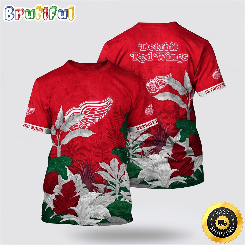NHL Detroit Red Wings All Over Print T Shirt Tropical Forest Motifs Summer T Shirt