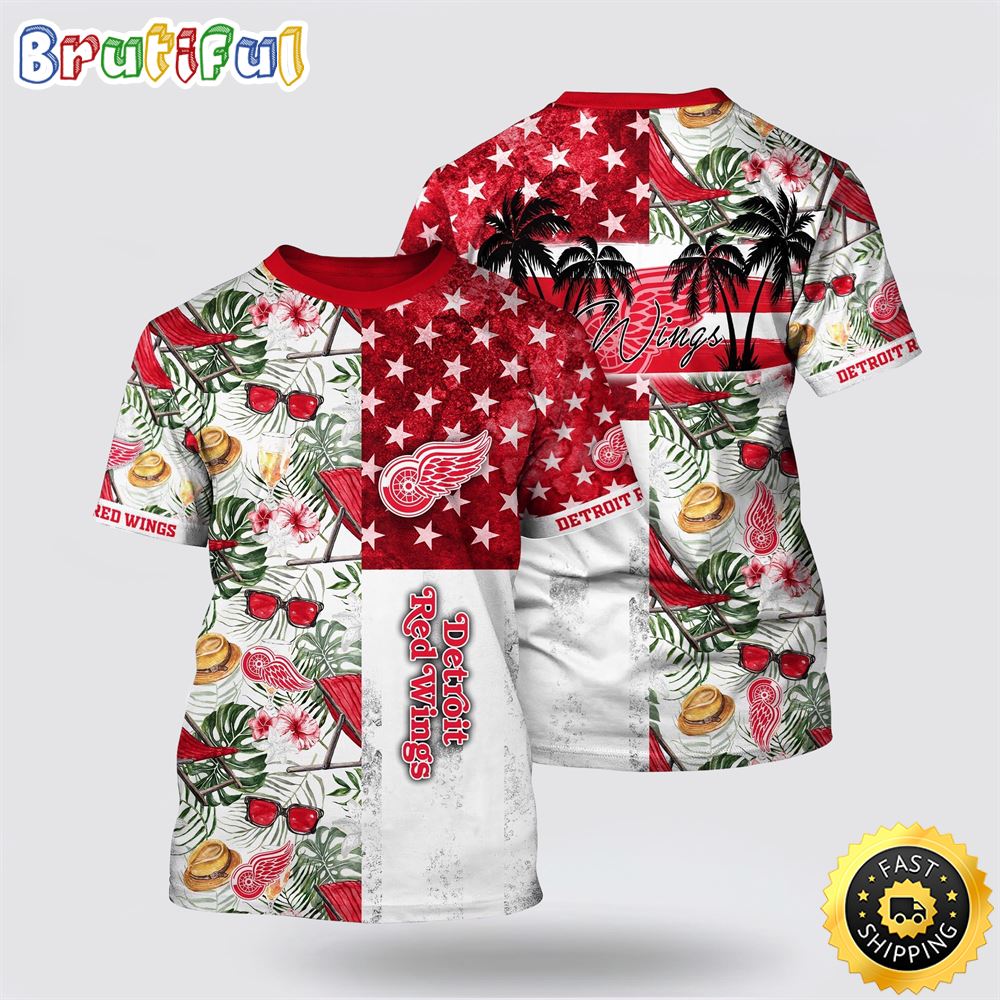 NHL Detroit Red Wings All Over Print T Shirt Tropical Hat And Glasses Pattern Summer T Shirt