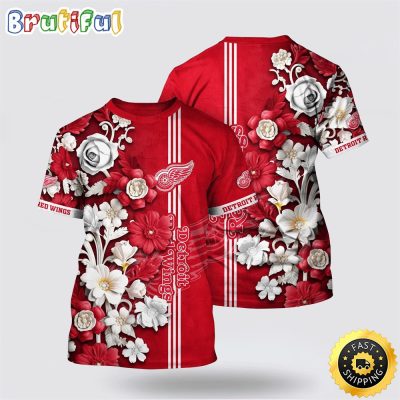 NHL Detroit Red Wings All Over Print T Shirt Tropical Hepatica Floral Pattern Summer T Shirt