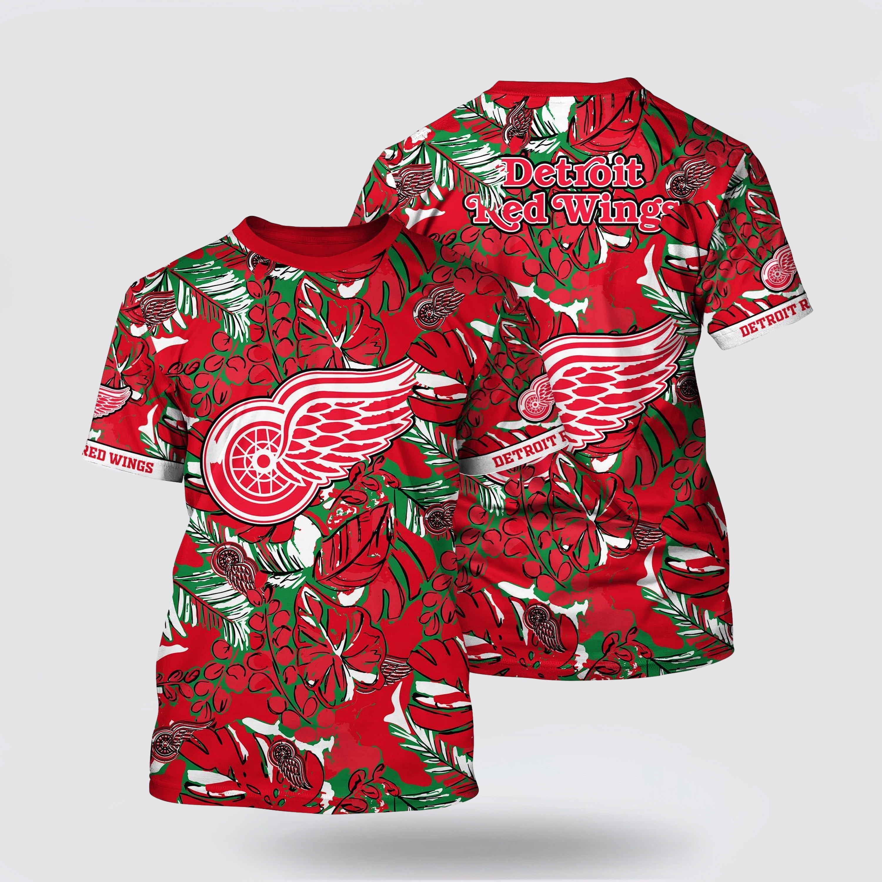 NHL Detroit Red Wings All Over Print T Shirt Tropical Leaf Pattern Summer T Shirt
