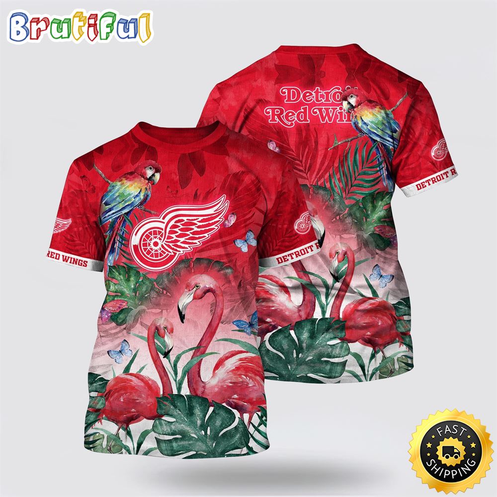 NHL Detroit Red Wings All Over Print T Shirt Tropical Parrot And Flamingo Motifs Summer T Shirt