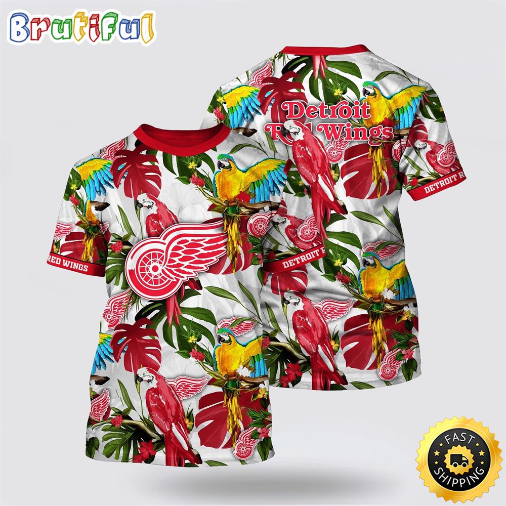 NHL Detroit Red Wings All Over Print T Shirt Tropical Parrot Pattern Summer T Shirt