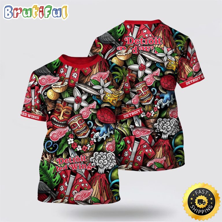 NHL Detroit Red Wings All Over Print T Shirt Tropical Tiki Pattern Summer T Shirt