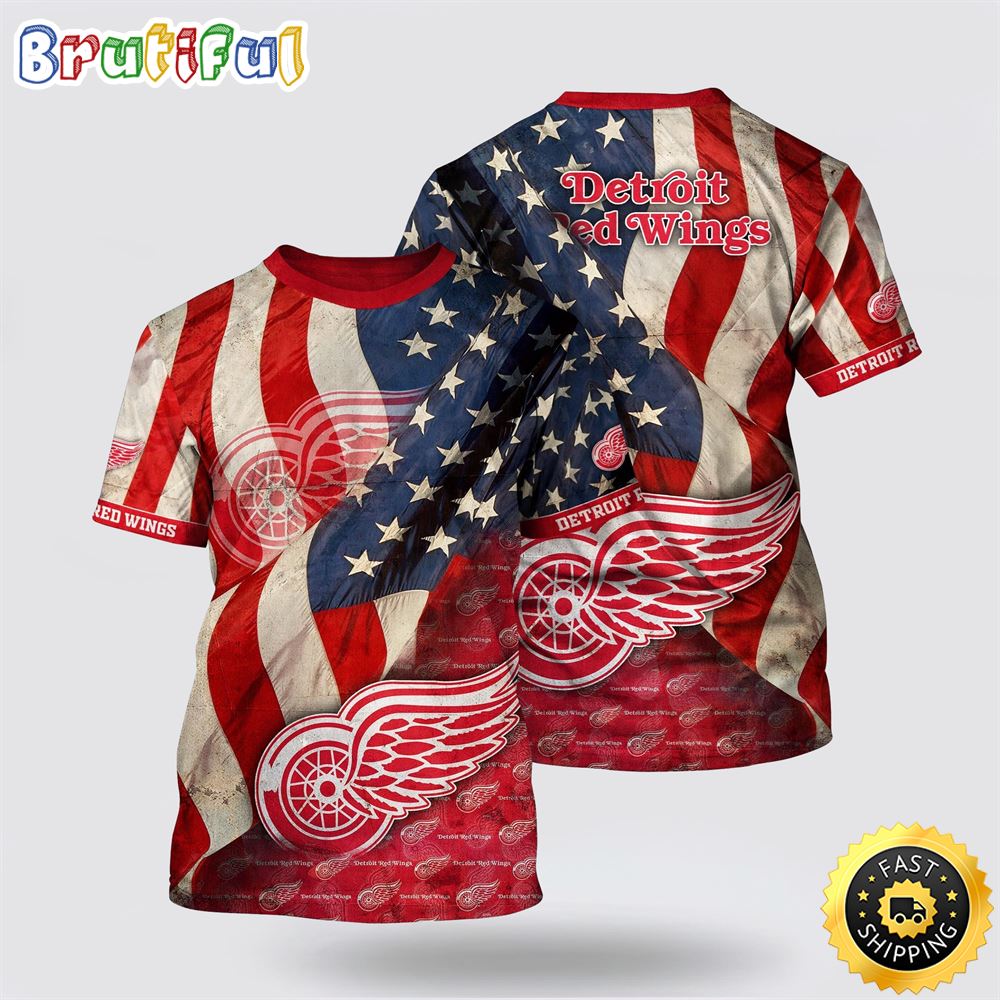 NHL Detroit Red Wings All Over Print T Shirt With American Flag Pattern Summer T Shirt