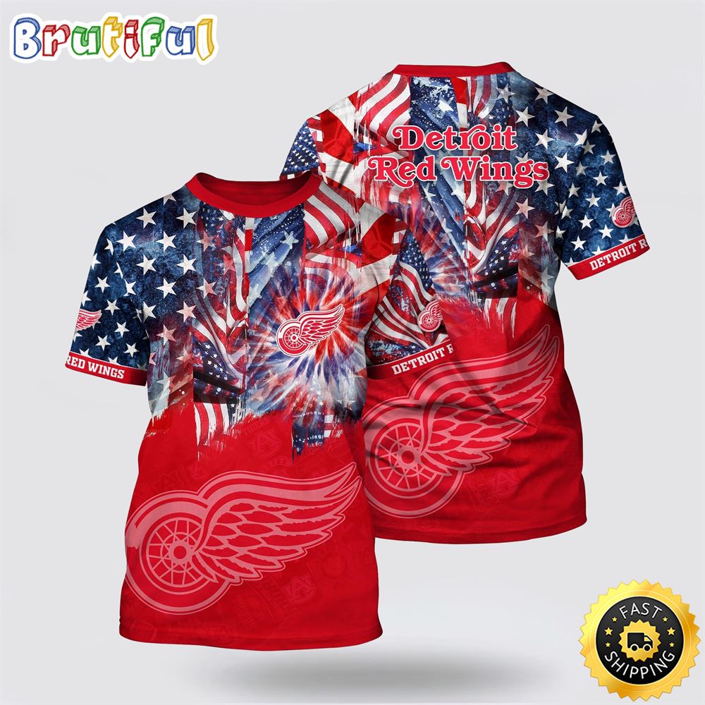 NHL Detroit Red Wings All Over Print T Shirt With American Independence Day Pattern Summer T Shirt