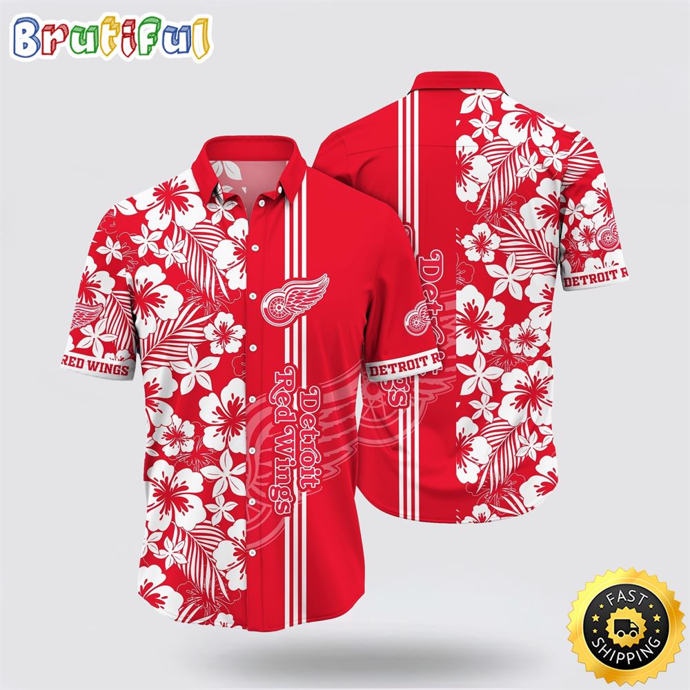 NHL Detroit Red Wings Hawaiian Shirt Tropical Apricot Blossom Pattern Summer Hawaiian Shirt NHL Detroit Red Wings Hawaiian Shirt Tropical Apricot Blossom Pattern Summer Hawaiian Shirt