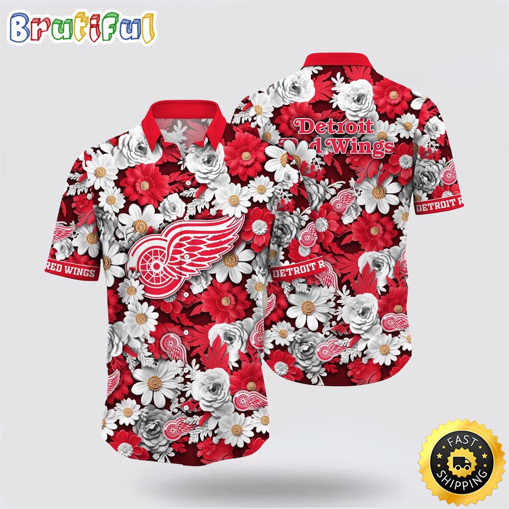 NHL Detroit Red Wings Hawaiian Shirt Tropical Begonia Flower Pattern Summer Hawaiian Shirt NHL Detroit Red Wings Hawaiian Shirt Tropical Begonia Flower Pattern Summer Hawaiian Shirt