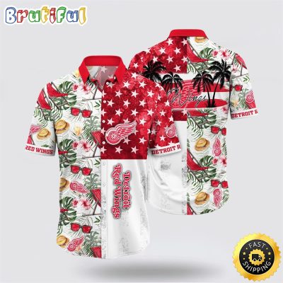 NHL Detroit Red Wings Hawaiian Shirt Tropical Hat And Glasses Pattern Summer Hawaiian Shirt