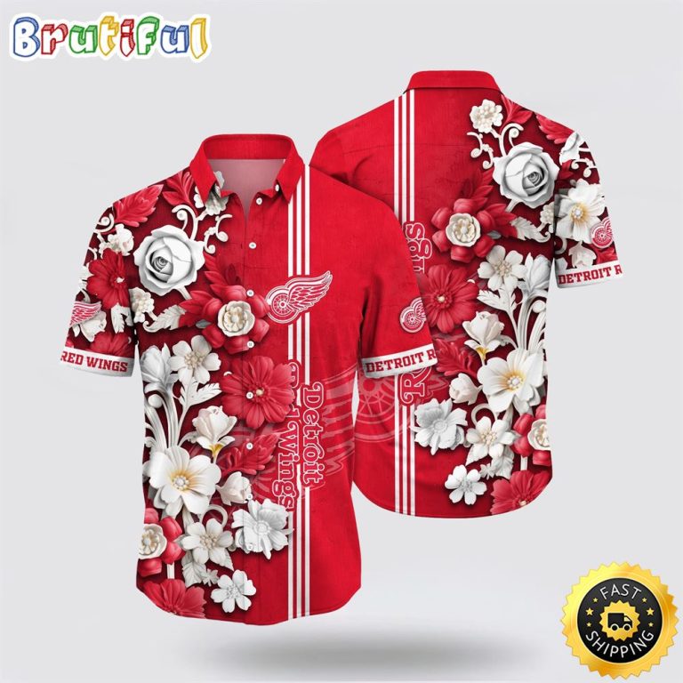NHL Detroit Red Wings Hawaiian Shirt Tropical Hepatica Floral Pattern Summer Hawaiian Shirt