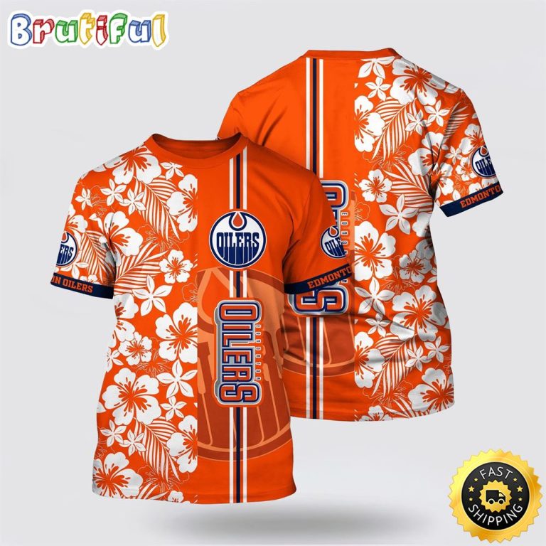 NHL Edmonton Oilers All Over Print T Shirt Tropical Apricot Blossom Pattern Summer T Shirt