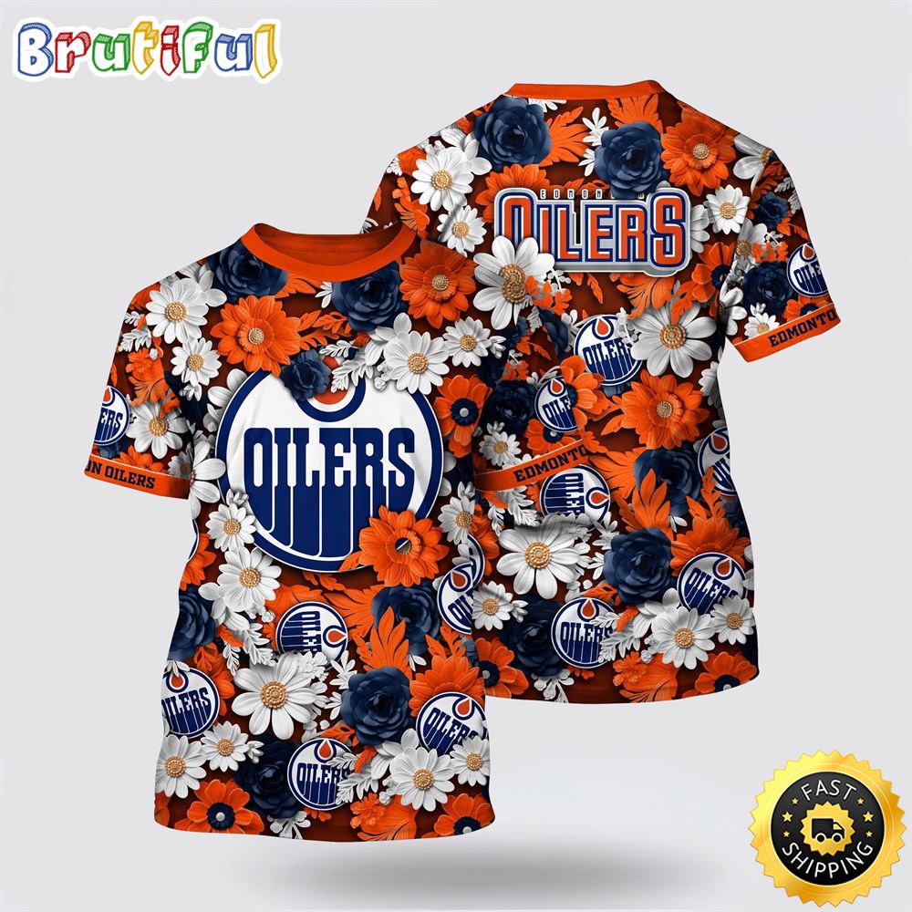 NHL Edmonton Oilers All Over Print T Shirt Tropical Begonia Flower Pattern Summer T Shirt