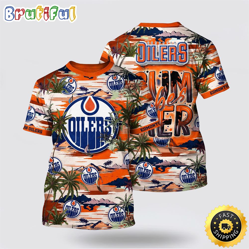 NHL Edmonton Oilers All Over Print T Shirt Tropical Desert Island Motif Summer T Shirt