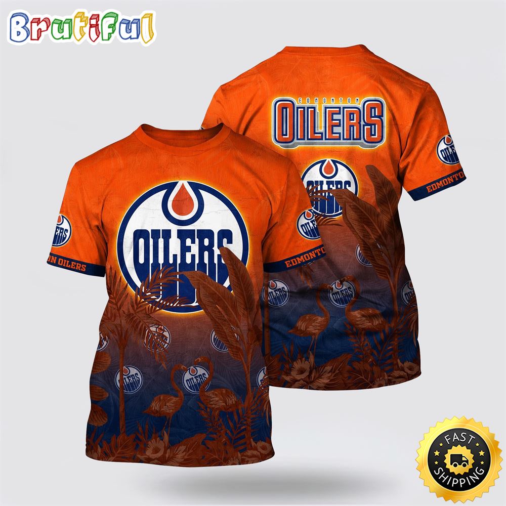 NHL Edmonton Oilers All Over Print T Shirt Tropical Flamingo Pattern Summer T Shirt