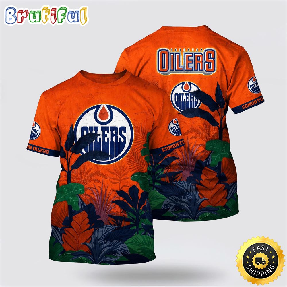 NHL Edmonton Oilers All Over Print T Shirt Tropical Forest Motifs Summer T Shirt