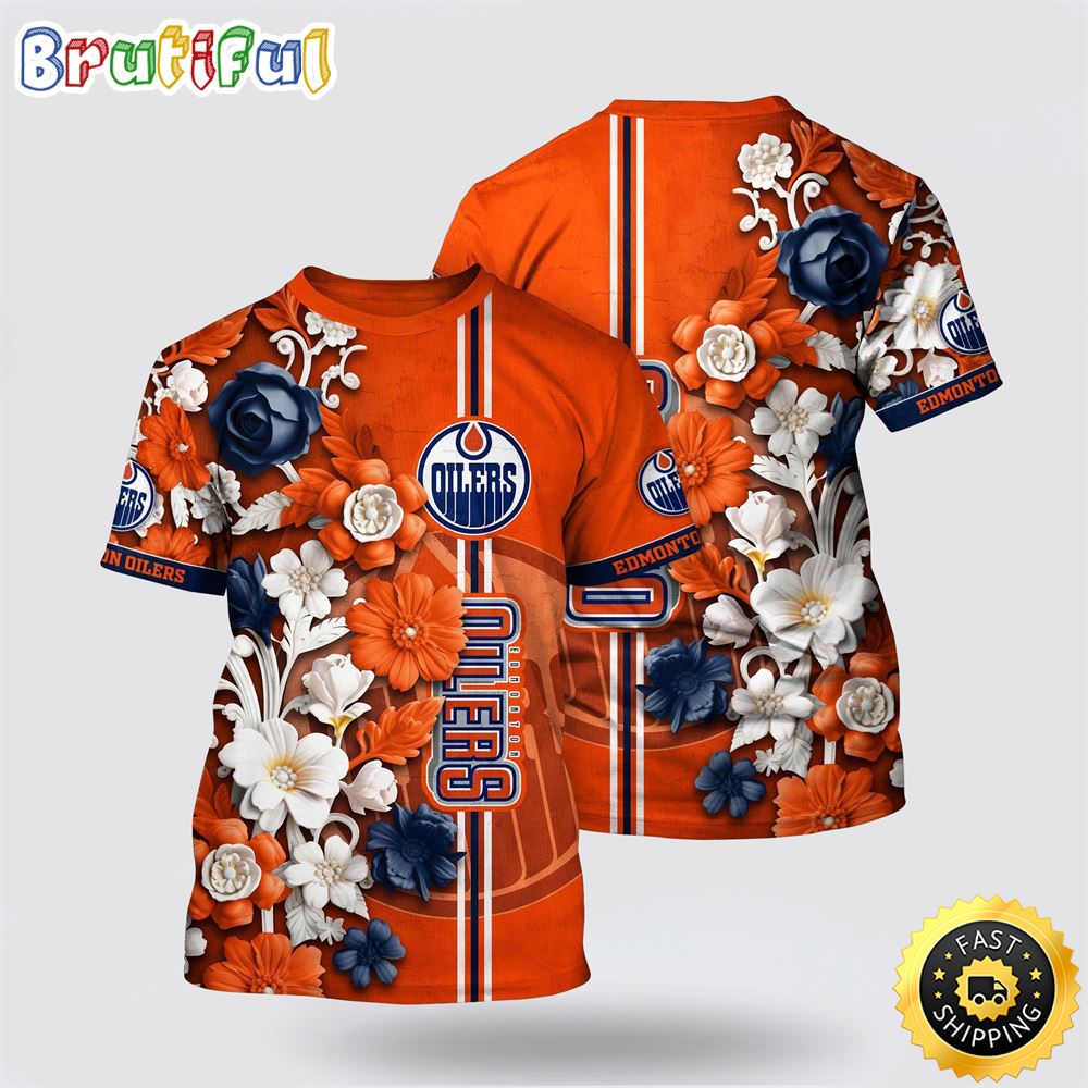 NHL Edmonton Oilers All Over Print T Shirt Tropical Hepatica Floral Pattern Summer T Shirt