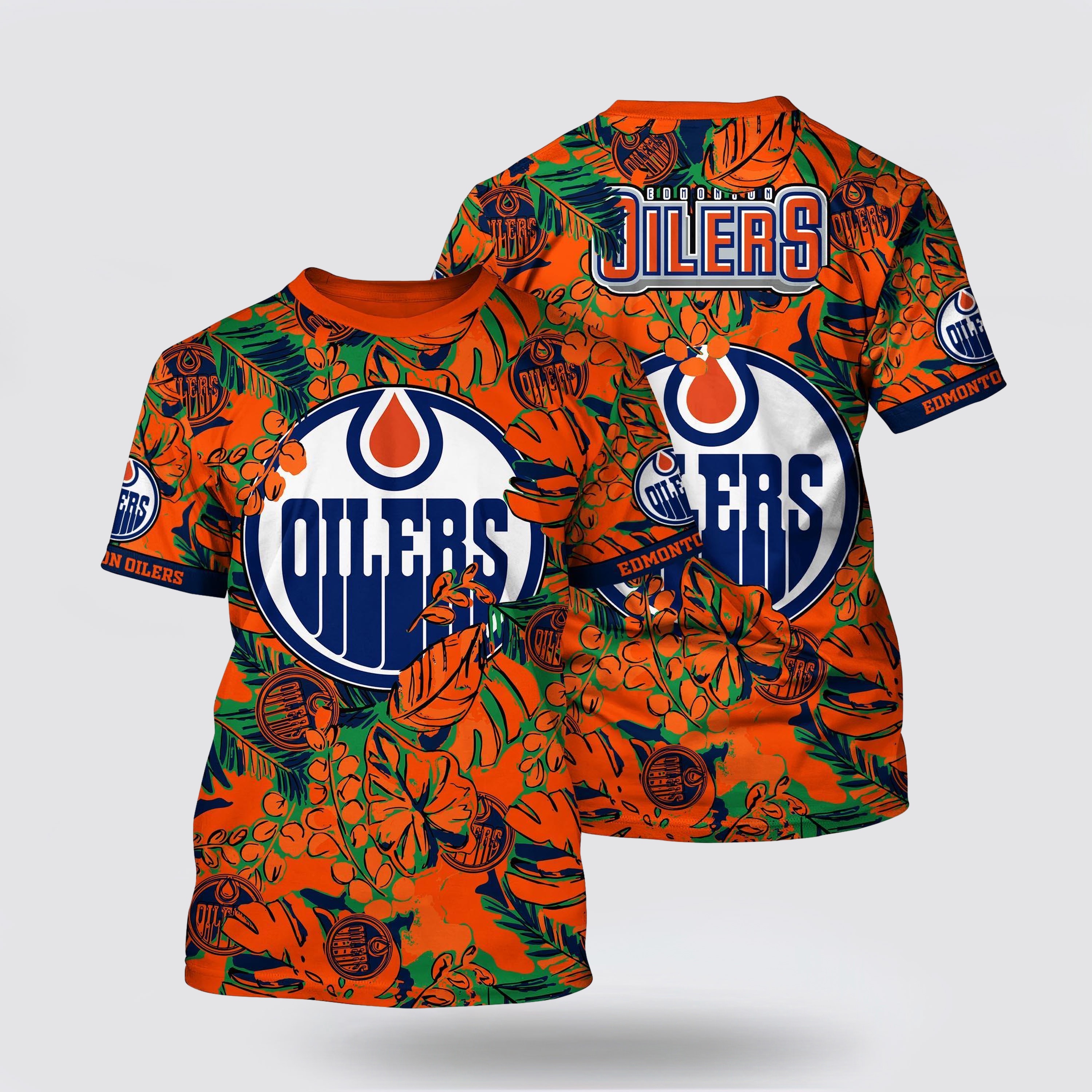 NHL Edmonton Oilers All Over Print T Shirt Tropical Leaf Pattern Summer T Shirt