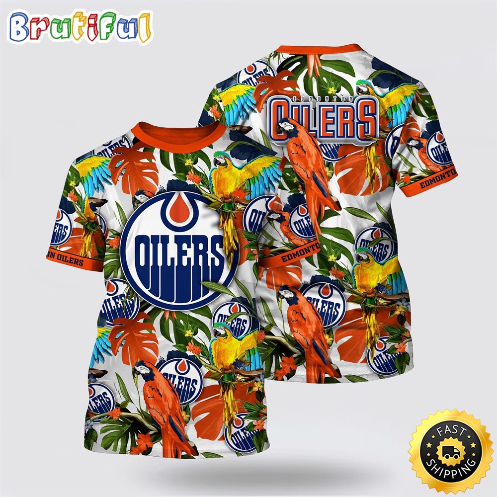 NHL Edmonton Oilers All Over Print T Shirt Tropical Parrot Pattern Summer T Shirt