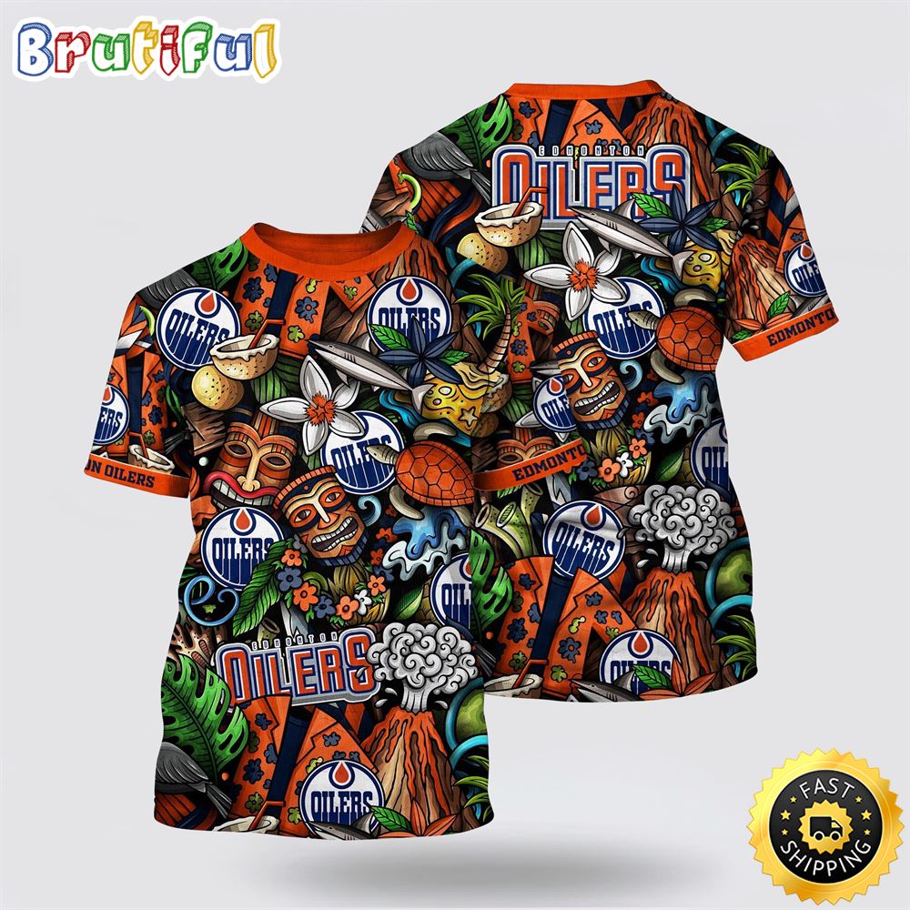 NHL Edmonton Oilers All Over Print T Shirt Tropical Tiki Pattern Summer T Shirt