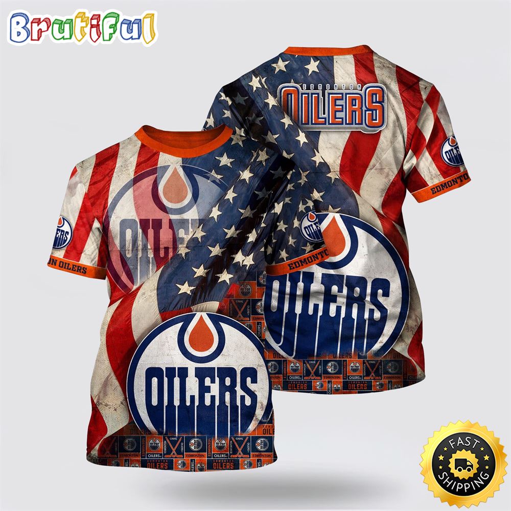 NHL Edmonton Oilers All Over Print T Shirt With American Flag Pattern Summer T Shirt