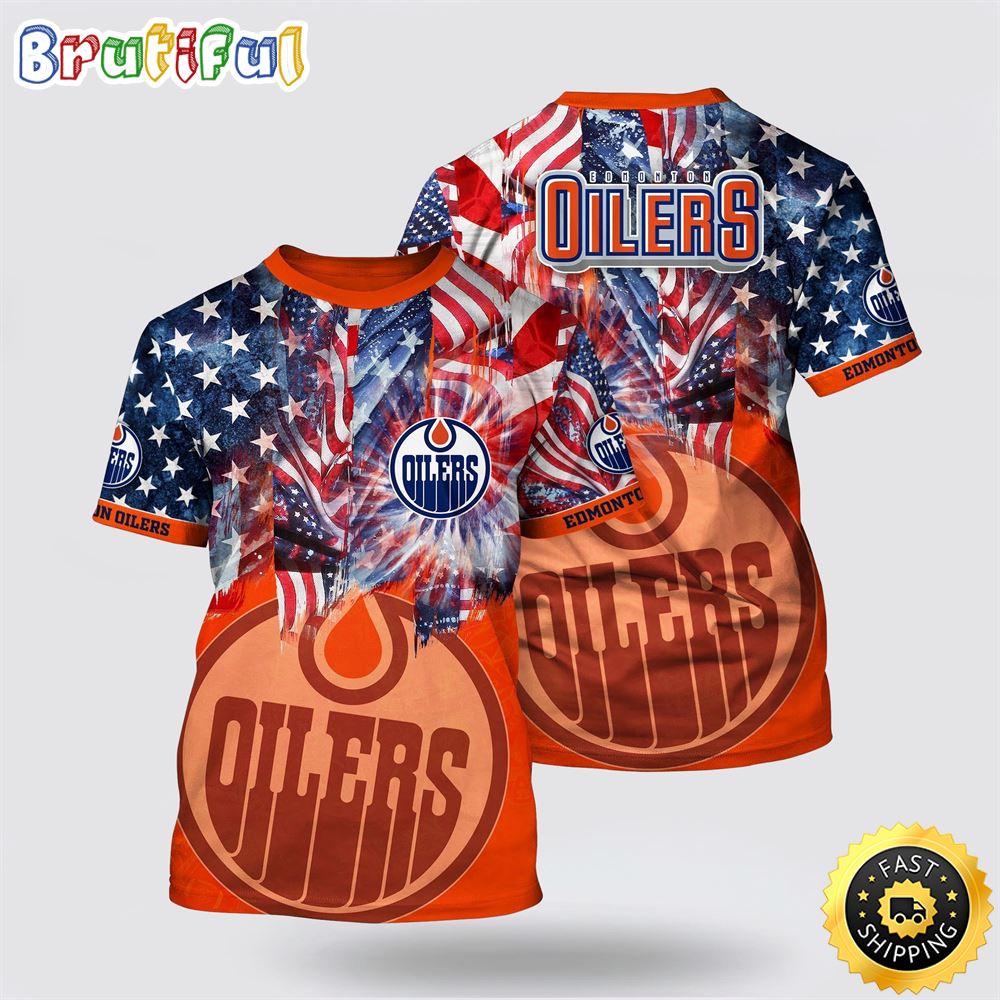 NHL Edmonton Oilers All Over Print T Shirt With American Independence Day Pattern Summer T Shirt