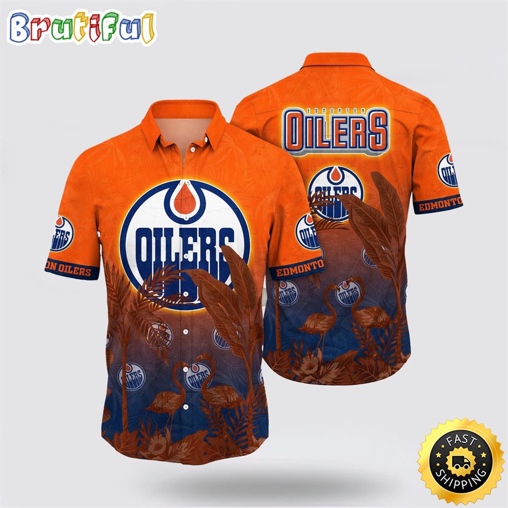 NHL Edmonton Oilers Hawaiian Shirt Tropical Flamingo Pattern Summer Hawaiian Shirt NHL Edmonton Oilers Hawaiian Shirt Tropical Flamingo Pattern Summer Hawaiian Shirt