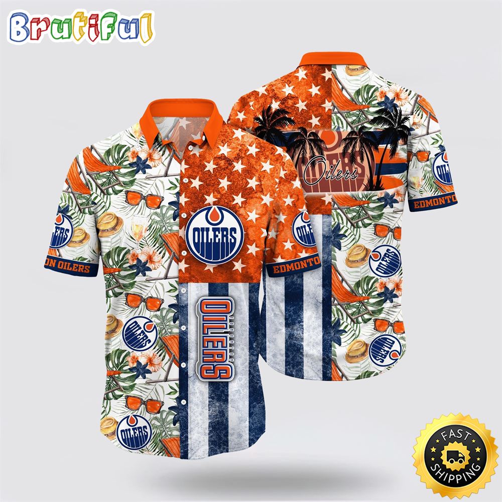 NHL Edmonton Oilers Hawaiian Shirt Tropical Hat And Glasses Pattern Summer Hawaiian Shirt NHL Edmonton Oilers Hawaiian Shirt Tropical Hat And Glasses Pattern Summer Hawaiian Shirt