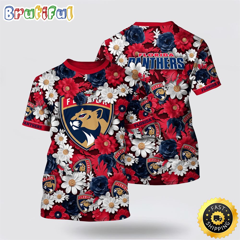 NHL Florida Panthers All Over Print T Shirt Tropical Begonia Flower Pattern Summer T Shirt