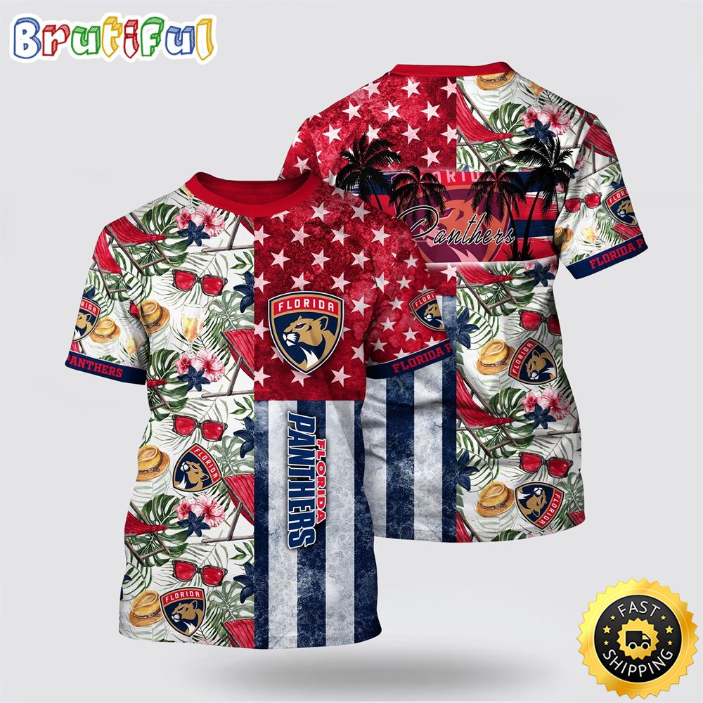 NHL Florida Panthers All Over Print T Shirt Tropical Hat And Glasses Pattern Summer T Shirt