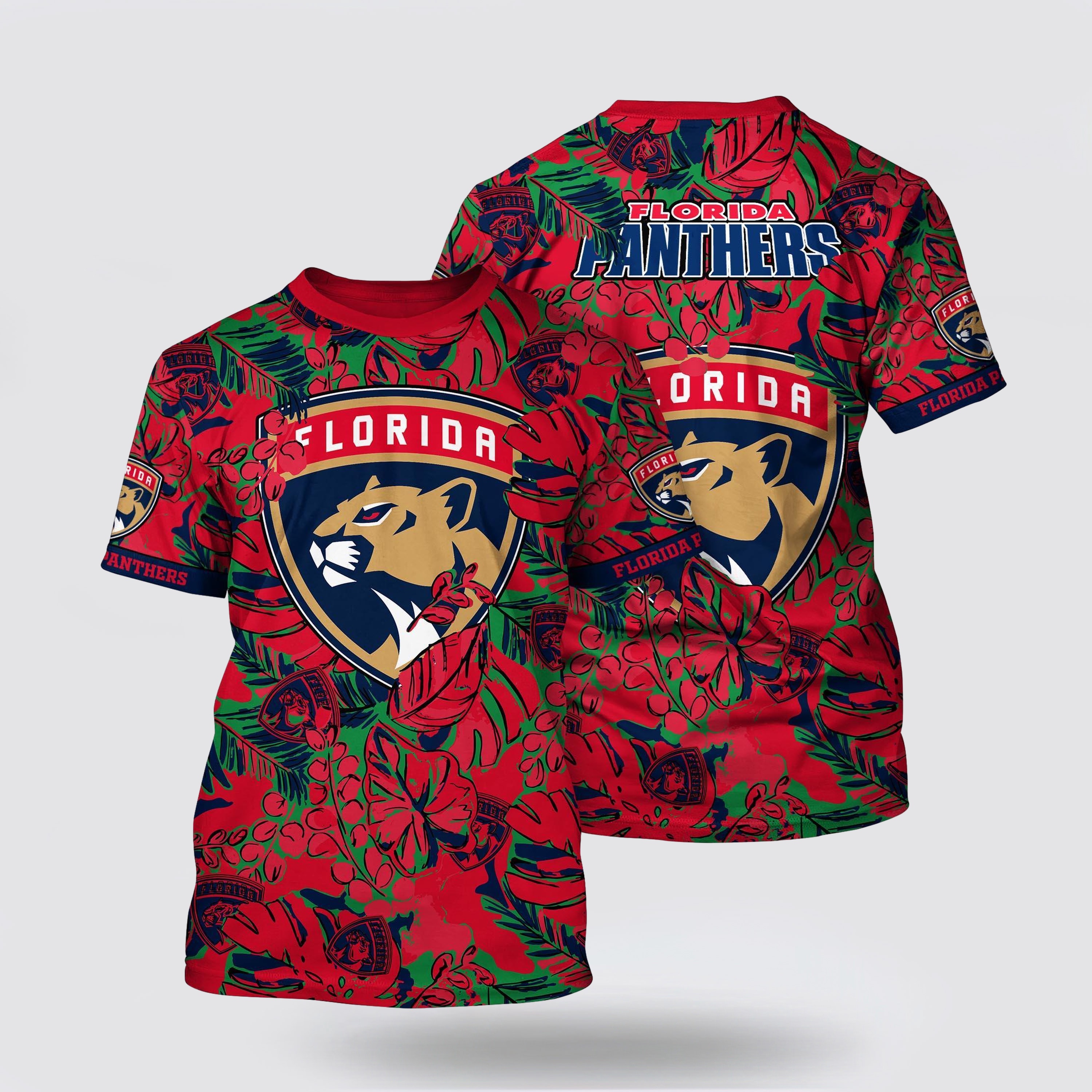 NHL Florida Panthers All Over Print T Shirt Tropical Leaf Pattern Summer T Shirt