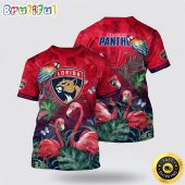 NHL Florida Panthers All Over Print T Shirt Tropical Parrot And Flamingo Motifs Summer T Shirt