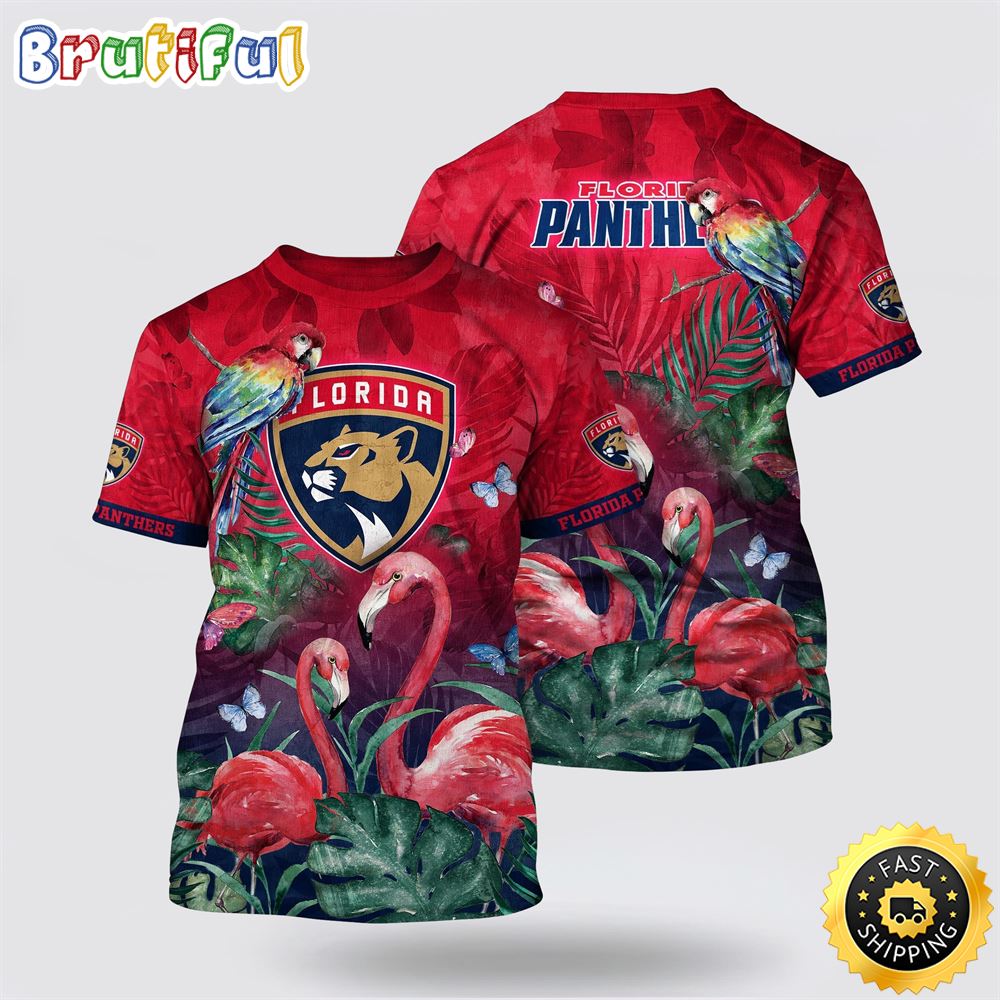 NHL Florida Panthers All Over Print T Shirt Tropical Parrot And Flamingo Motifs Summer T Shirt