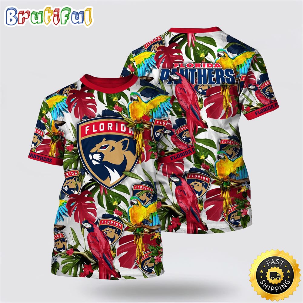 NHL Florida Panthers All Over Print T Shirt Tropical Parrot Pattern Summer T Shirt