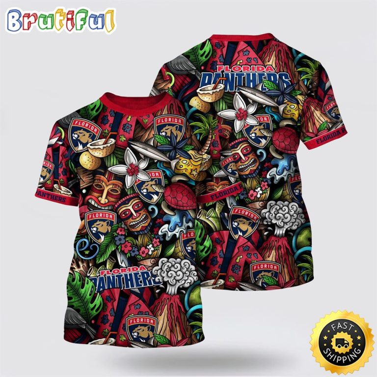 NHL Florida Panthers All Over Print T Shirt Tropical Tiki Pattern Summer T Shirt