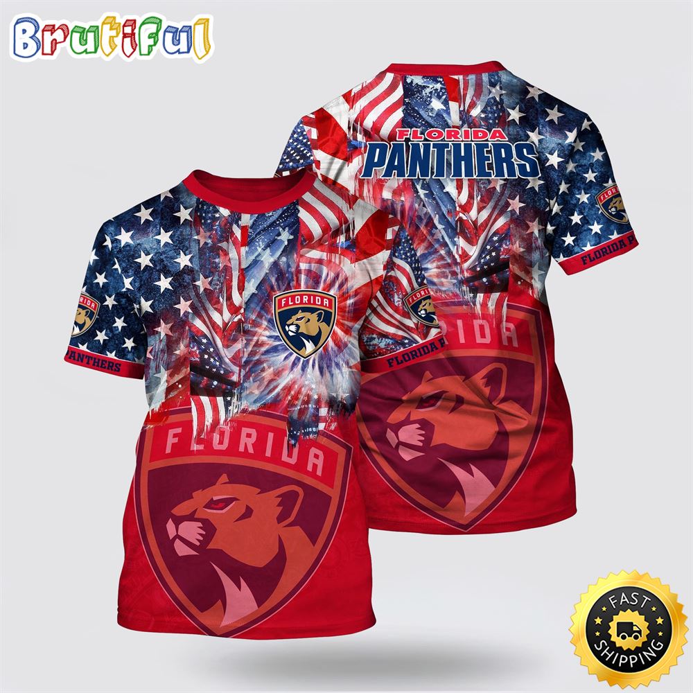 NHL Florida Panthers All Over Print T Shirt With American Independence Day Pattern Summer T Shirt