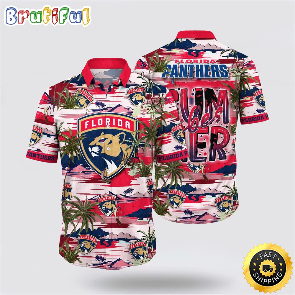 NHL Florida Panthers Hawaiian Shirt Tropical Desert Island Motif Summer Hawaiian Shirt NHL Florida Panthers Hawaiian Shirt Tropical Desert Island Motif Summer Hawaiian Shirt