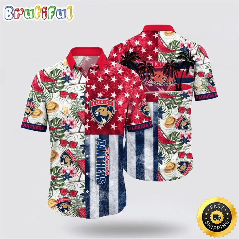 NHL Florida Panthers Hawaiian Shirt Tropical Hat And Glasses Pattern Summer Hawaiian Shirt