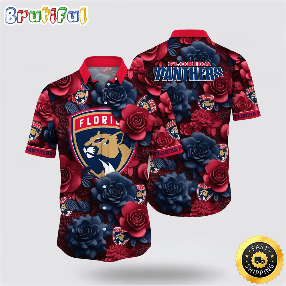 NHL Florida Panthers Hawaiian Shirt Tropical Rose Pattern Summer Hawaiian Shirt NHL Florida Panthers Hawaiian Shirt Tropical Rose Pattern Summer Hawaiian Shirt