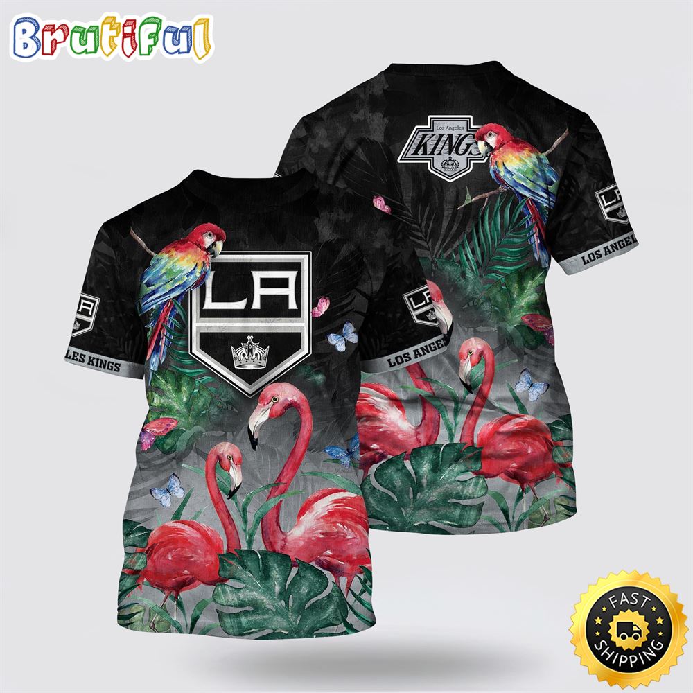 NHL Los Angeles Kings All Over Print T Shirt Tropical Parrot And Flamingo Motifs Summer T Shirt