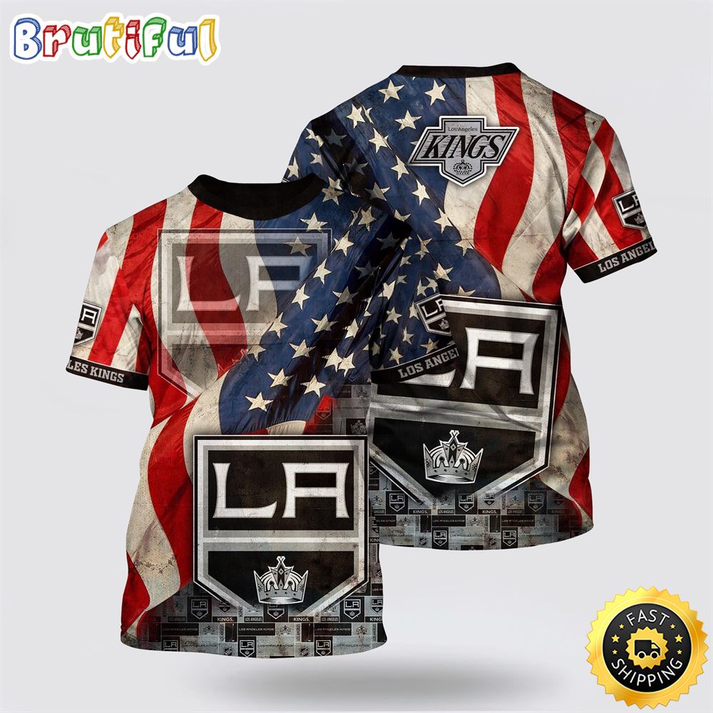 NHL Los Angeles Kings All Over Print T Shirt With American Flag Pattern Summer T Shirt