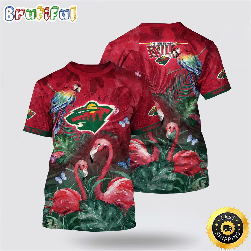 NHL Minnesota Wild All Over Print T Shirt Tropical Parrot And Flamingo Motifs Summer T Shirt