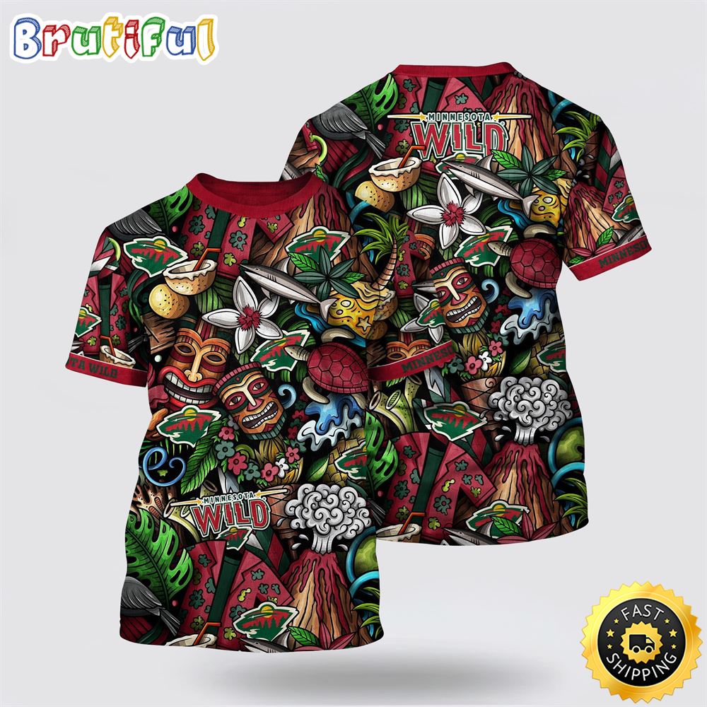 NHL Minnesota Wild All Over Print T Shirt Tropical Tiki Pattern Summer T Shirt