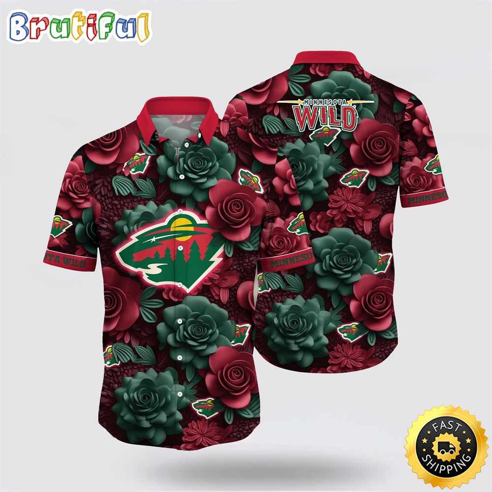 NHL Minnesota Wild Hawaiian Shirt Tropical Rose Pattern Summer Hawaiian Shirt NHL Minnesota Wild Hawaiian Shirt Tropical Rose Pattern Summer Hawaiian Shirt
