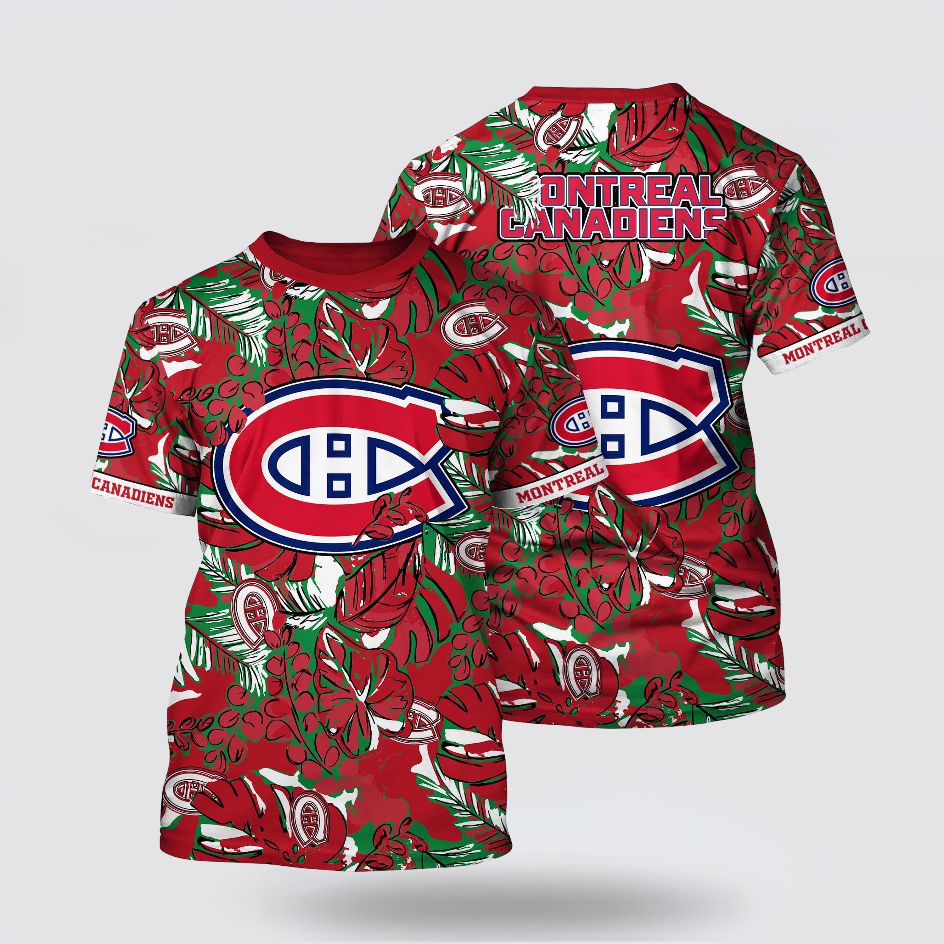 NHL Montreal Canadiens All Over Print T Shirt Tropical Leaf Pattern Summer T Shirt NHL Montreal Canadiens All Over Print T Shirt Tropical Leaf Pattern Summer T Shirt