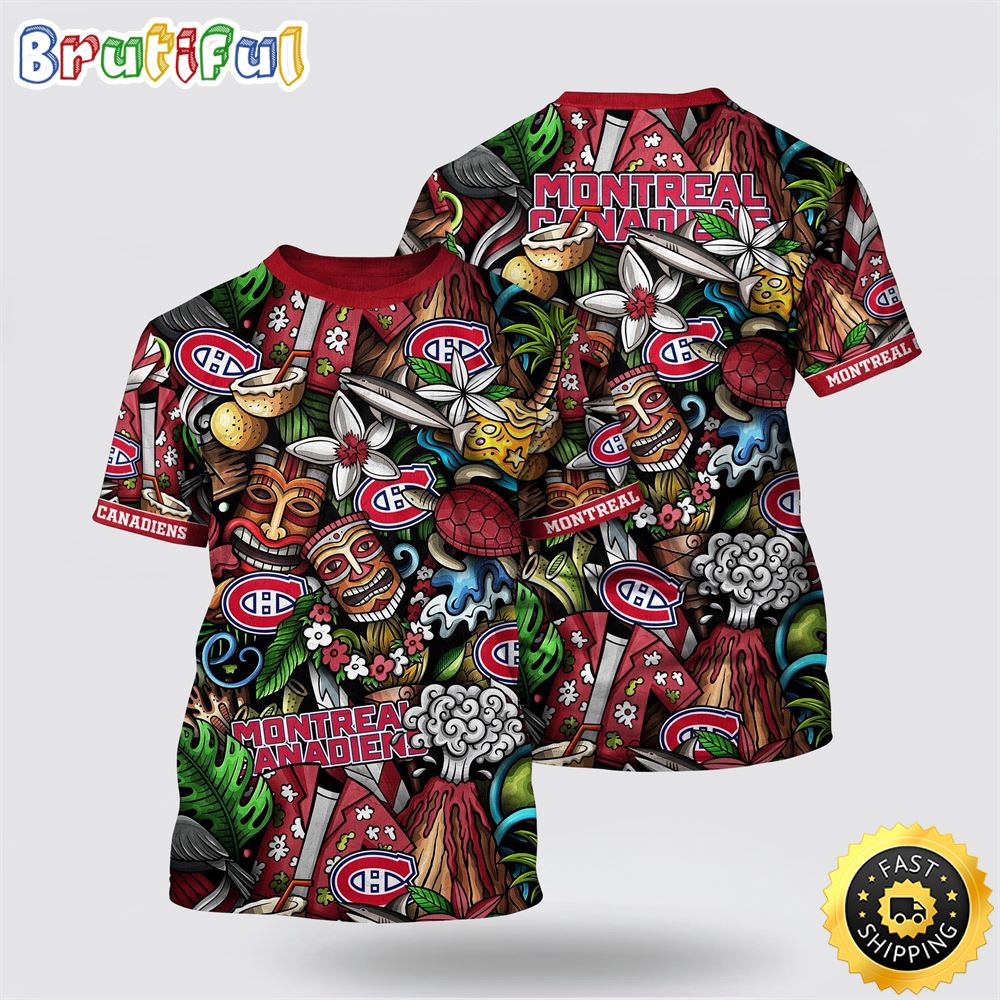 NHL Montreal Canadiens All Over Print T Shirt Tropical Tiki Pattern Summer T Shirt