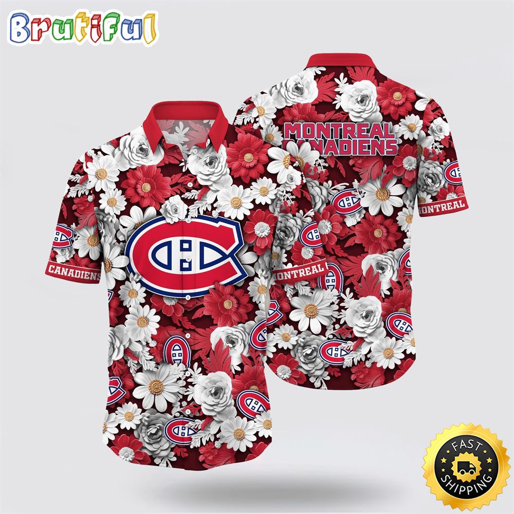 NHL Montreal Canadiens Hawaiian Shirt Tropical Begonia Flower Pattern Summer Hawaiian Shirt NHL Montreal Canadiens Hawaiian Shirt Tropical Begonia Flower Pattern Summer Hawaiian Shirt