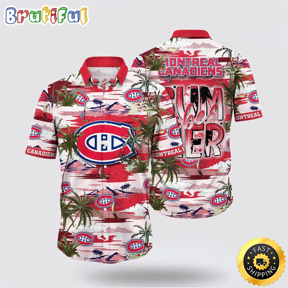 NHL Montreal Canadiens Hawaiian Shirt Tropical Desert Island Motif Summer Hawaiian Shirt NHL Montreal Canadiens Hawaiian Shirt Tropical Desert Island Motif Summer Hawaiian Shirt