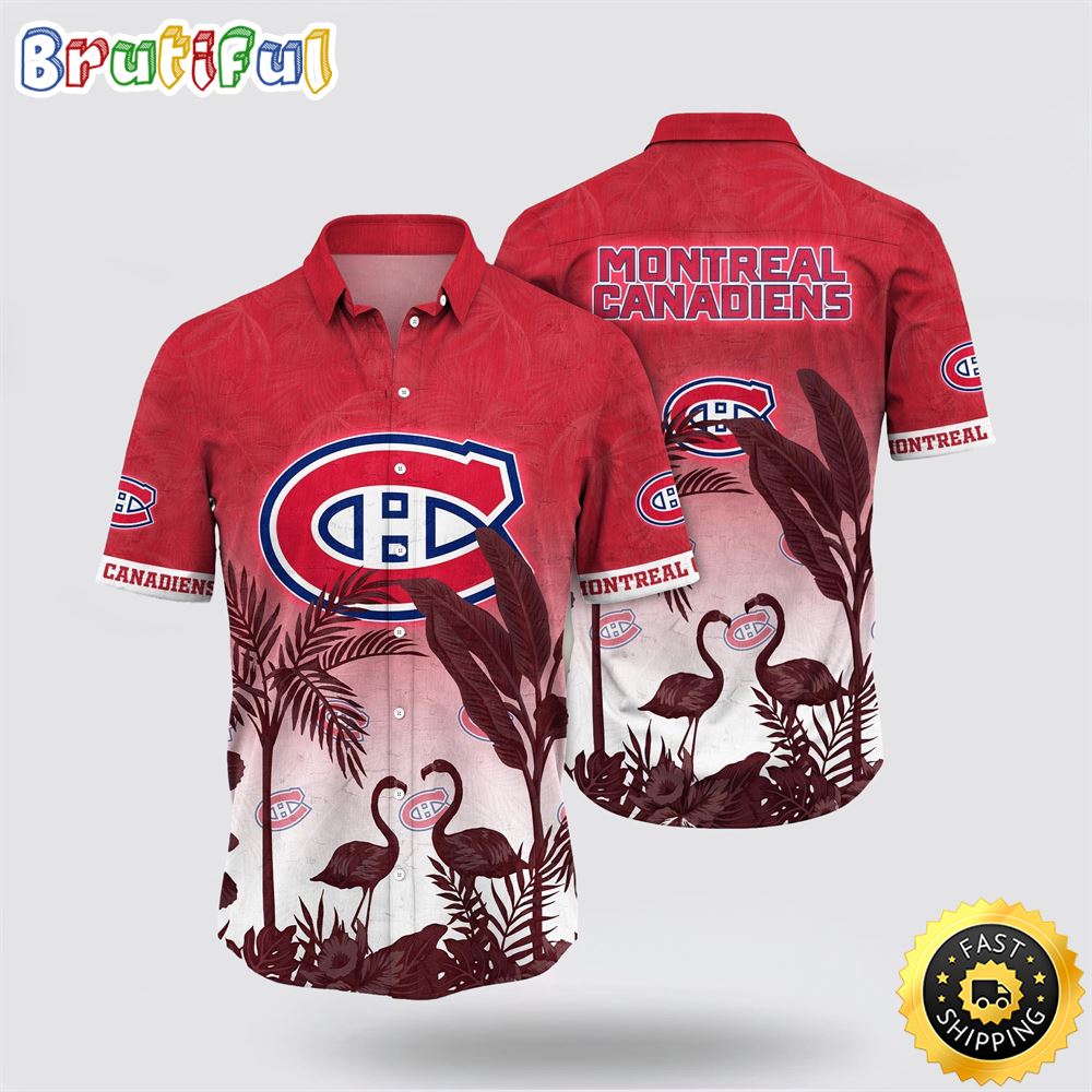 NHL Montreal Canadiens Hawaiian Shirt Tropical Flamingo Pattern Summer Hawaiian Shirt NHL Montreal Canadiens Hawaiian Shirt Tropical Flamingo Pattern Summer Hawaiian Shirt