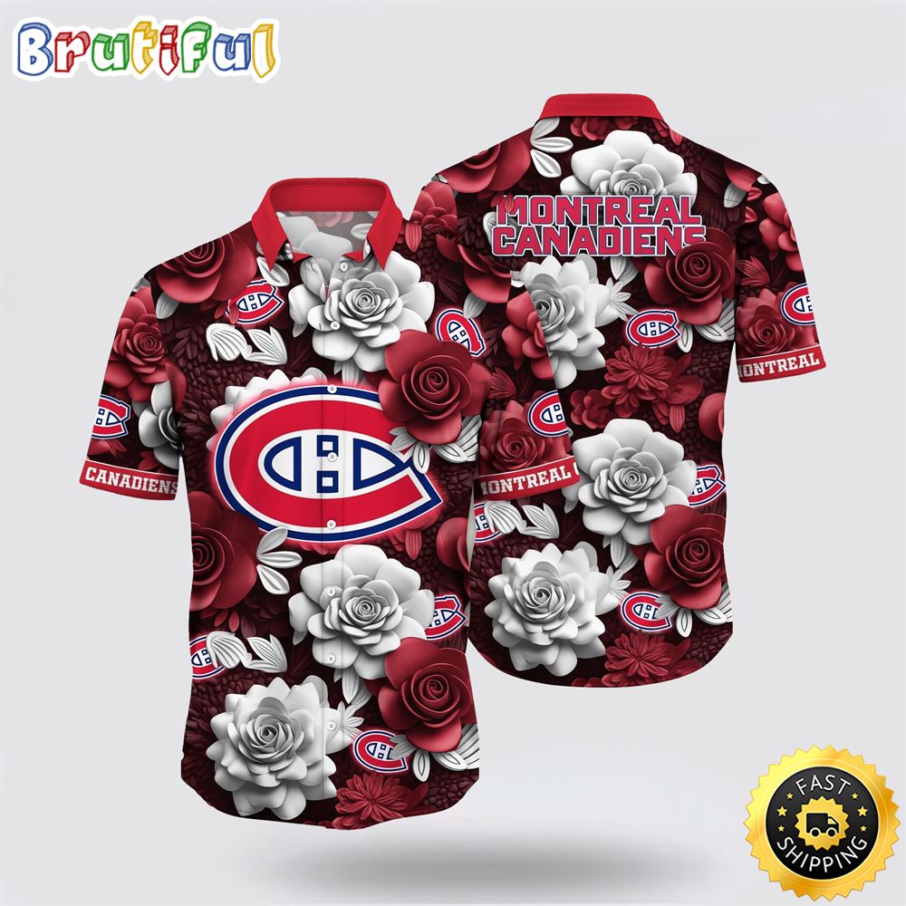 NHL Montreal Canadiens Hawaiian Shirt Tropical Rose Pattern Summer Hawaiian Shirt NHL Montreal Canadiens Hawaiian Shirt Tropical Rose Pattern Summer Hawaiian Shirt